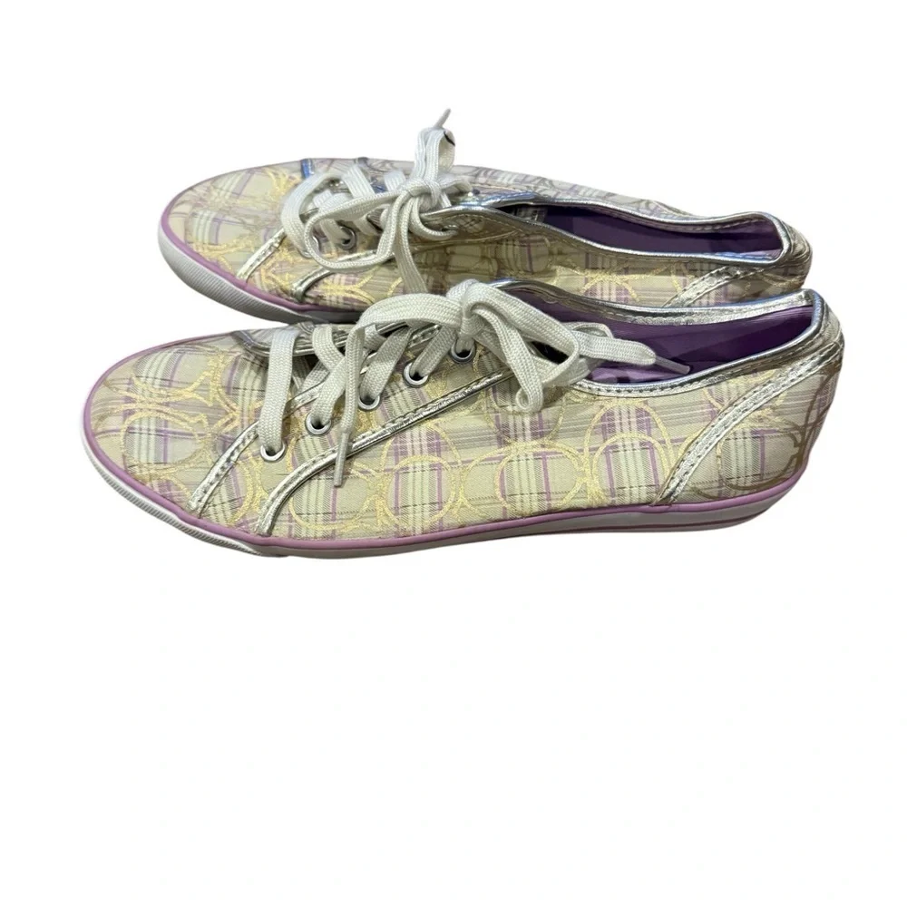 Coach Casual Plaid Canvas Lace-Up Sneakers in Cream and Lavender